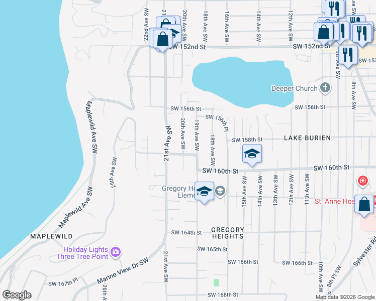 map of restaurants, bars, coffee shops, grocery stores, and more near 15919 19th Avenue Southwest in Burien