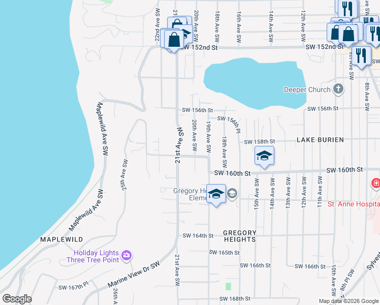 map of restaurants, bars, coffee shops, grocery stores, and more near 15919 20th Avenue Southwest in Burien