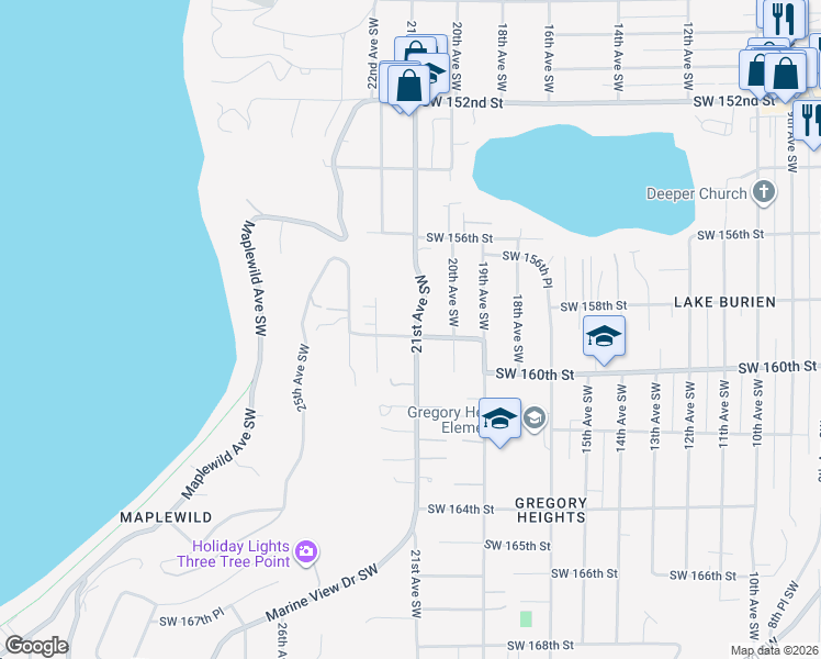 map of restaurants, bars, coffee shops, grocery stores, and more near 15917 21st Avenue Southwest in Burien