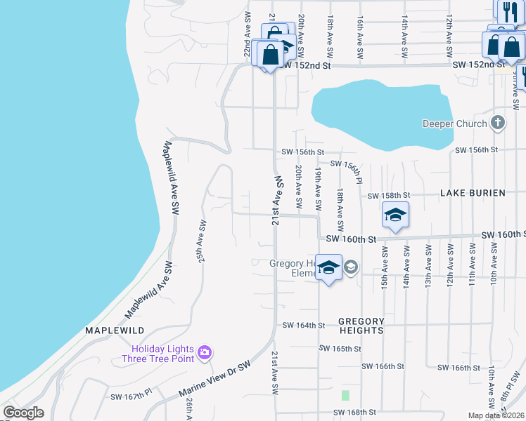 map of restaurants, bars, coffee shops, grocery stores, and more near 15917 21st Avenue Southwest in Burien