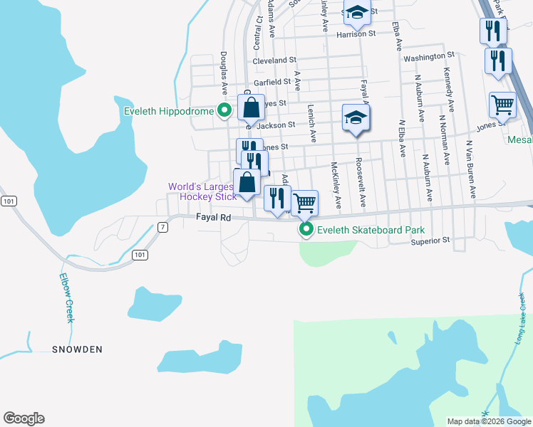 map of restaurants, bars, coffee shops, grocery stores, and more near 414 Fayal Road in Eveleth