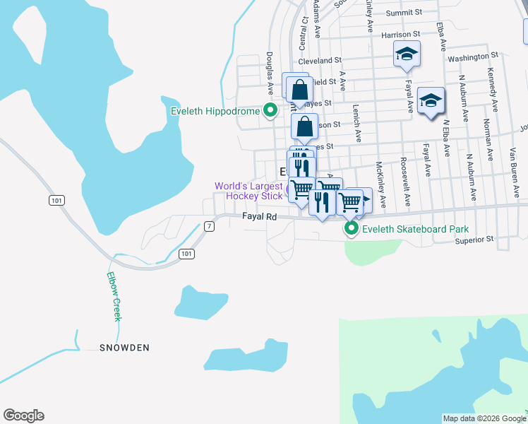 map of restaurants, bars, coffee shops, grocery stores, and more near 203 Douglas Avenue in Eveleth