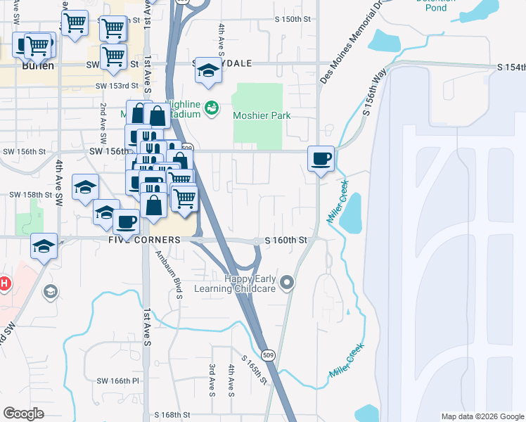 map of restaurants, bars, coffee shops, grocery stores, and more near 544 South 158th Street in Burien