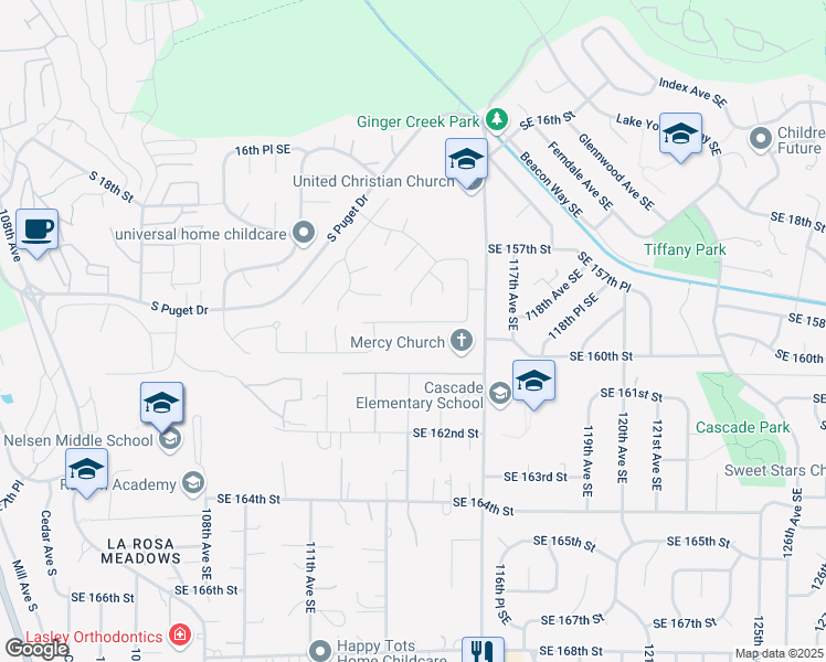 map of restaurants, bars, coffee shops, grocery stores, and more near 2100 Dayton Drive Southeast in Renton