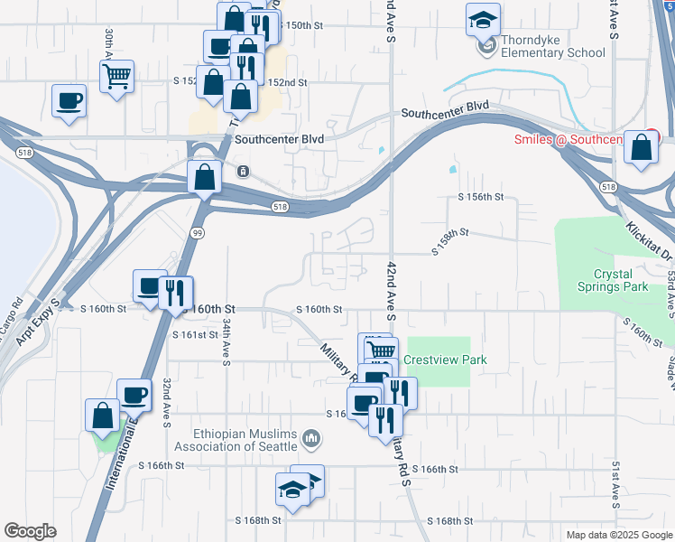 map of restaurants, bars, coffee shops, grocery stores, and more near 4018 South 158th Street in Tukwila
