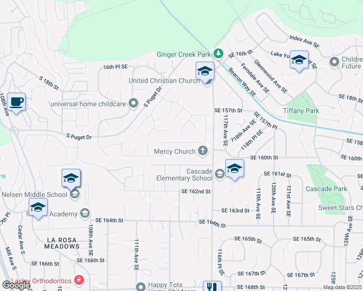 map of restaurants, bars, coffee shops, grocery stores, and more near 2100 Dayton Drive Southeast in Renton
