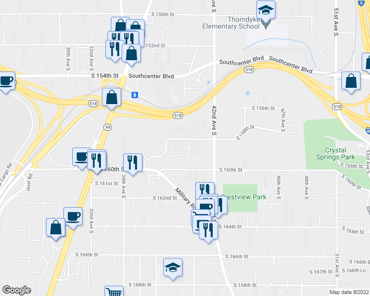 map of restaurants, bars, coffee shops, grocery stores, and more near 4018 South 158th Street in Tukwila
