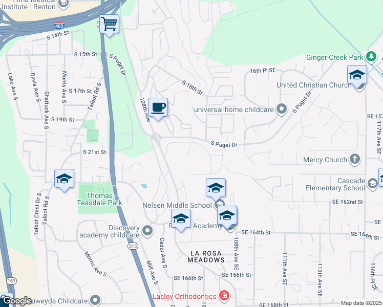 map of restaurants, bars, coffee shops, grocery stores, and more near 1319 South Puget Drive in Renton