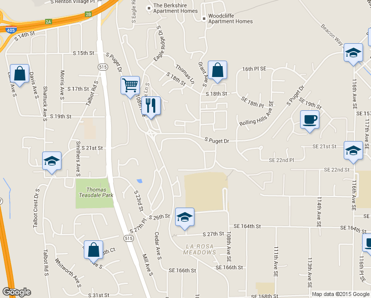 map of restaurants, bars, coffee shops, grocery stores, and more near 1301 South Puget Drive in Renton