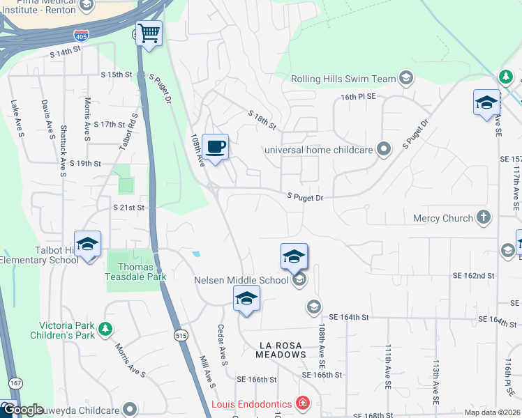 map of restaurants, bars, coffee shops, grocery stores, and more near 1319 South Puget Drive in Renton