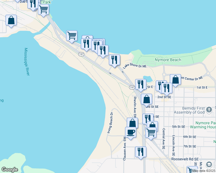 map of restaurants, bars, coffee shops, grocery stores, and more near 206 Gemmell Avenue Southwest in Bemidji