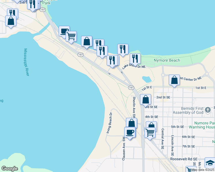 map of restaurants, bars, coffee shops, grocery stores, and more near 206 Gemmell Avenue Southwest in Bemidji