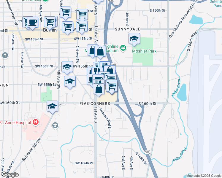 map of restaurants, bars, coffee shops, grocery stores, and more near 15830 1st Avenue South in Burien