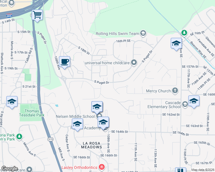 map of restaurants, bars, coffee shops, grocery stores, and more near 1504 South Puget Drive in Renton