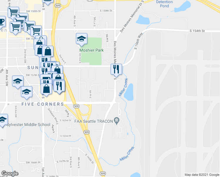 map of restaurants, bars, coffee shops, grocery stores, and more near 15803 Des Moines Memorial Drive in Burien
