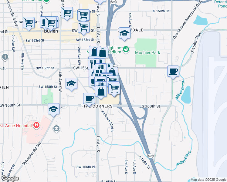 map of restaurants, bars, coffee shops, grocery stores, and more near State Highway 509 in Burien