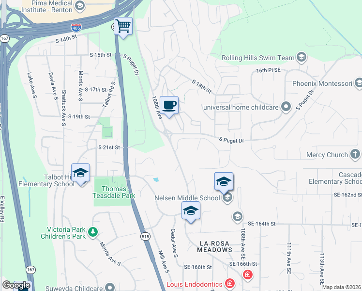 map of restaurants, bars, coffee shops, grocery stores, and more near 1301 South Puget Drive in Renton