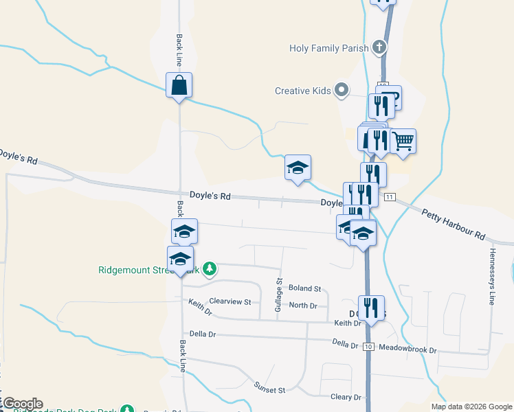 map of restaurants, bars, coffee shops, grocery stores, and more near 63 Doyle's Road in St. John's