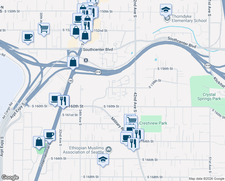 map of restaurants, bars, coffee shops, grocery stores, and more near 3810 South 158th Street in Tukwila
