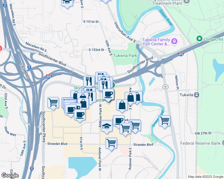 map of restaurants, bars, coffee shops, grocery stores, and more near 349 Tukwila Parkway in Tukwila
