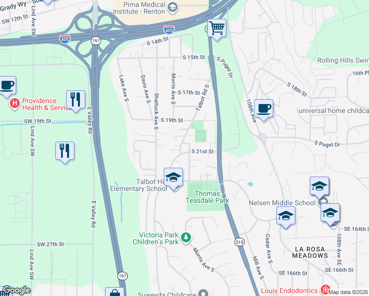 map of restaurants, bars, coffee shops, grocery stores, and more near 608 South 20th Place in Renton
