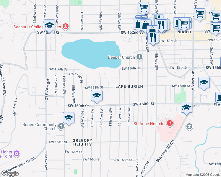 map of restaurants, bars, coffee shops, grocery stores, and more near 1229 Southwest 158th Street in Burien