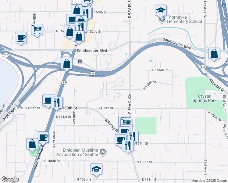 map of restaurants, bars, coffee shops, grocery stores, and more near 15805 40th Place South in Tukwila