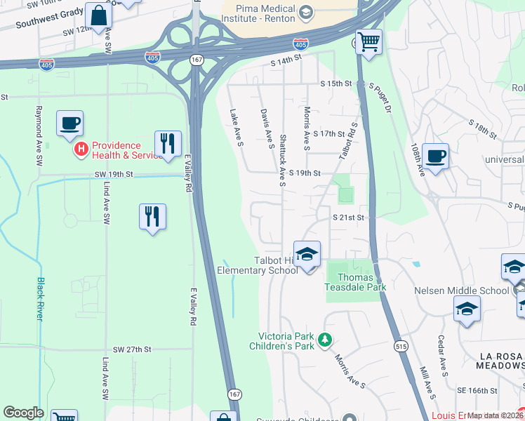 map of restaurants, bars, coffee shops, grocery stores, and more near 315 South 20th Place in Renton