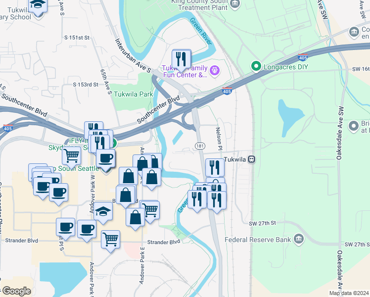 map of restaurants, bars, coffee shops, grocery stores, and more near 15637 West Valley Highway in Tukwila
