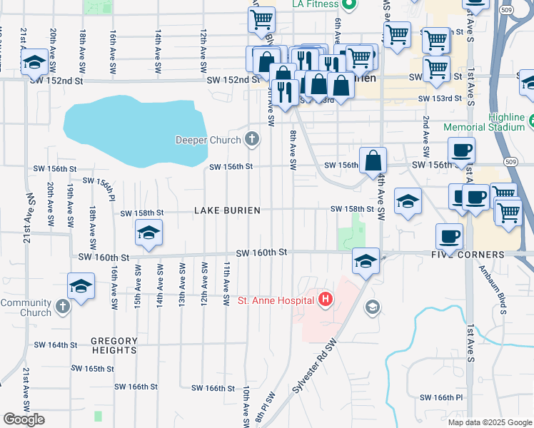 map of restaurants, bars, coffee shops, grocery stores, and more near 15801 9th Avenue Southwest in Burien