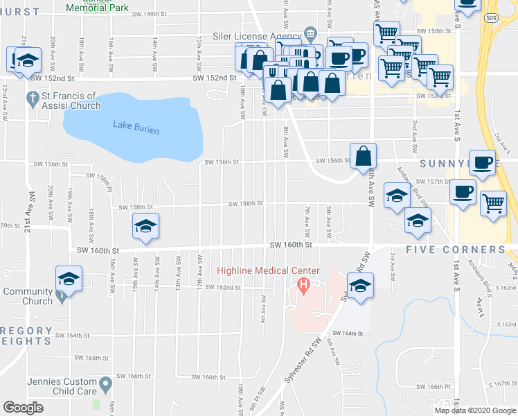 map of restaurants, bars, coffee shops, grocery stores, and more near 15801 9th Avenue Southwest in Burien