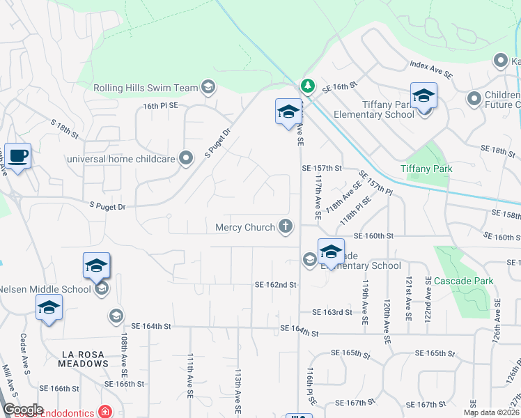 map of restaurants, bars, coffee shops, grocery stores, and more near 2100 Dayton Drive Southeast in Renton
