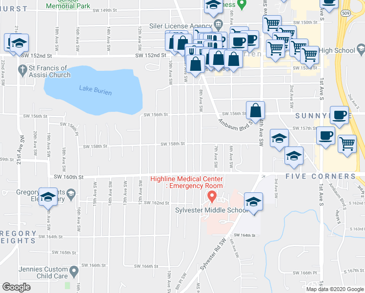 map of restaurants, bars, coffee shops, grocery stores, and more near 15801 9th Avenue Southwest in Burien