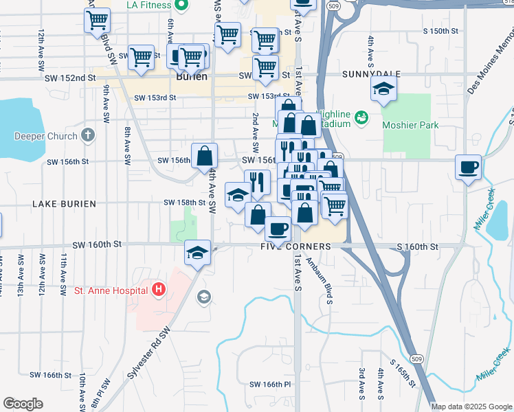 map of restaurants, bars, coffee shops, grocery stores, and more near 15735 Ambaum Boulevard Southwest in Burien