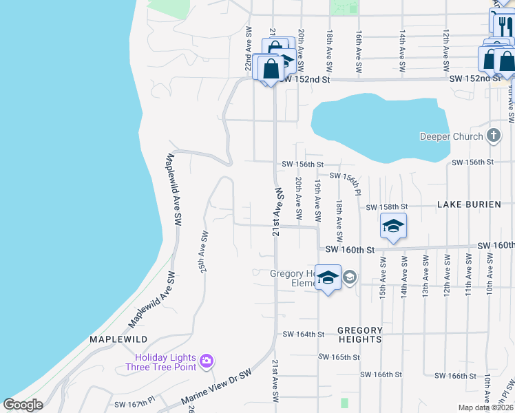 map of restaurants, bars, coffee shops, grocery stores, and more near 15804 22nd Avenue Southwest in Burien