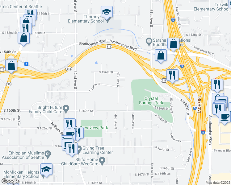 map of restaurants, bars, coffee shops, grocery stores, and more near 15815 47th Avenue South in Tukwila