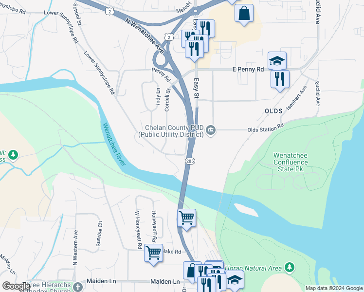 map of restaurants, bars, coffee shops, grocery stores, and more near 2440 Chatham Hill Drive in Wenatchee