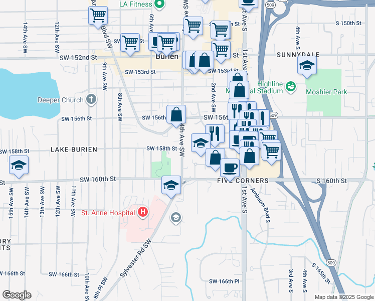 map of restaurants, bars, coffee shops, grocery stores, and more near 15804 4th Avenue Southwest in Burien