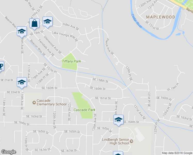 map of restaurants, bars, coffee shops, grocery stores, and more near 12404 Southeast 158th Street in Renton