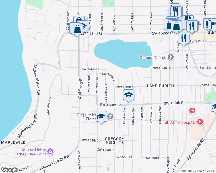 map of restaurants, bars, coffee shops, grocery stores, and more near 15640 18th Avenue Southwest in Burien
