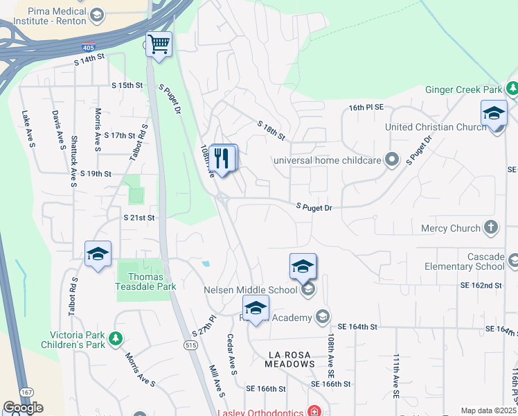 map of restaurants, bars, coffee shops, grocery stores, and more near 1319 South Puget Drive in Renton