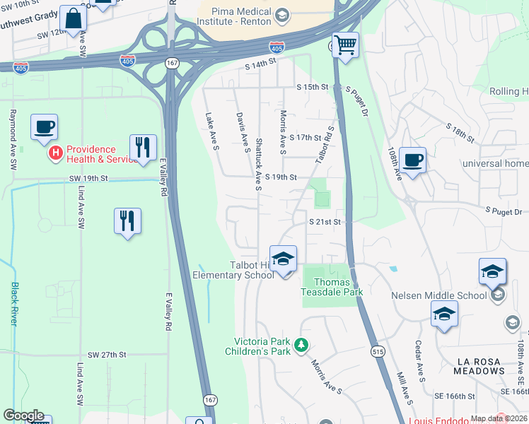 map of restaurants, bars, coffee shops, grocery stores, and more near 2008 Shattuck Avenue South in Renton