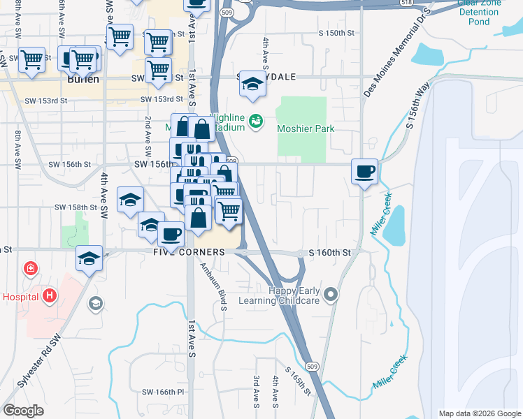 map of restaurants, bars, coffee shops, grocery stores, and more near 15719 4th Avenue South in Burien