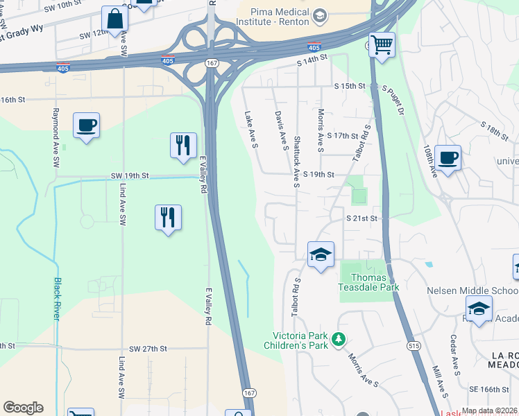 map of restaurants, bars, coffee shops, grocery stores, and more near 2011 Davis Avenue South in Renton