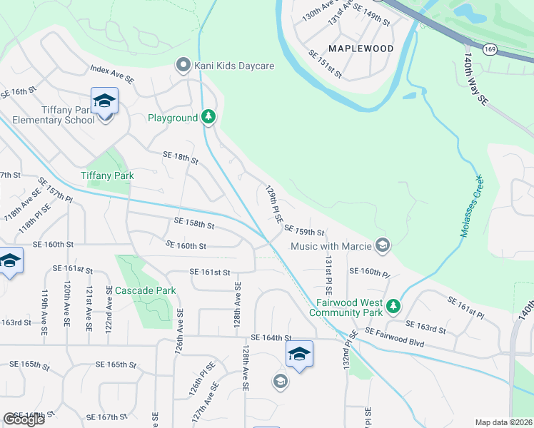 map of restaurants, bars, coffee shops, grocery stores, and more near 12910 Southeast 158th Place in Renton