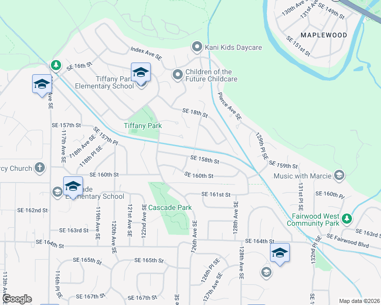 map of restaurants, bars, coffee shops, grocery stores, and more near 12404 Southeast 158th Street in Renton