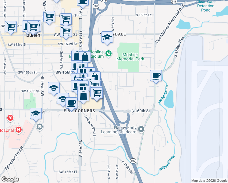 map of restaurants, bars, coffee shops, grocery stores, and more near 15707 4th Avenue South in Burien