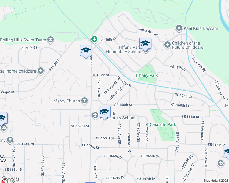 map of restaurants, bars, coffee shops, grocery stores, and more near 15771 118th Place Southeast in Renton