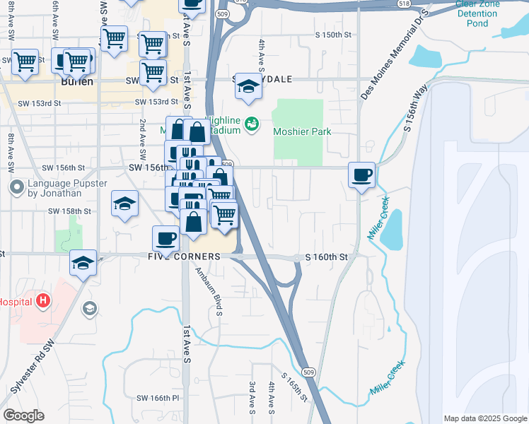 map of restaurants, bars, coffee shops, grocery stores, and more near 15707 4th Avenue South in Burien