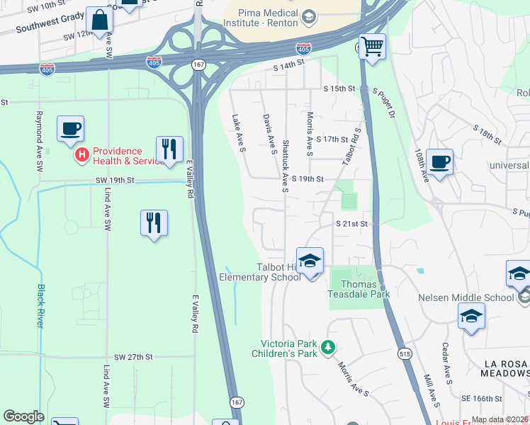 map of restaurants, bars, coffee shops, grocery stores, and more near 315 South 20th Place in Renton